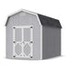 8x12 gray Classic Gambrel 6′ Sidewall barn shed by Little Cottage Co. featuring white double doors, black hinges, and shingled roof.
