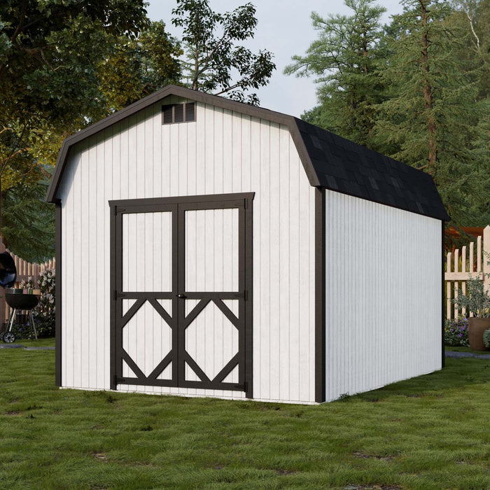 White and black Little Cottage Co. Classic Gambrel 6′ Sidewall Barn with double doors and shingled roof, set on a green backyard lawn near a wooden fence.