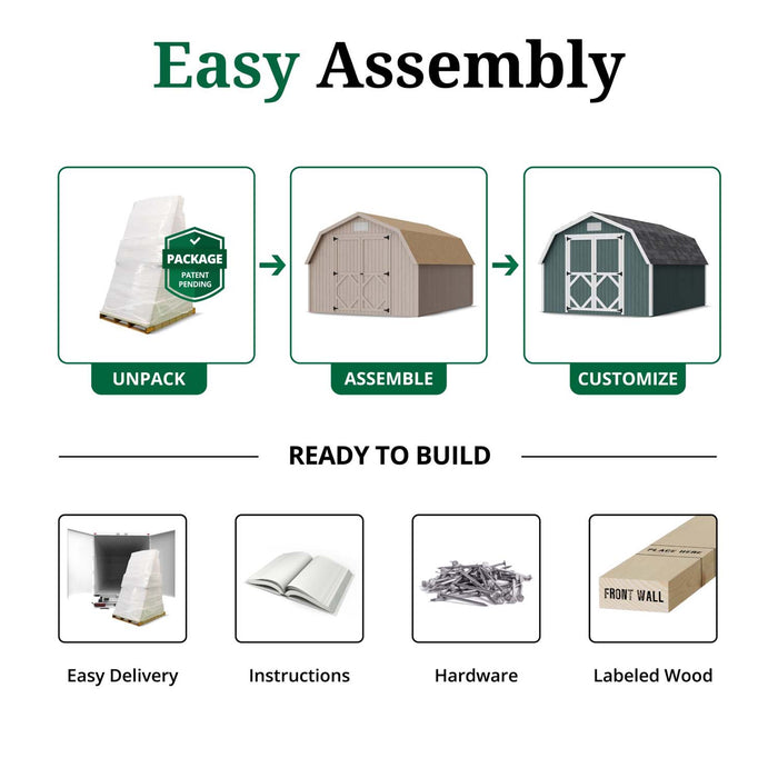 Step-by-step illustration showing how to unpack, assemble, and customize the Classic Gambrel Barn Shed, featuring ready-to-build kit contents including labeled wood, hardware, and instructions.