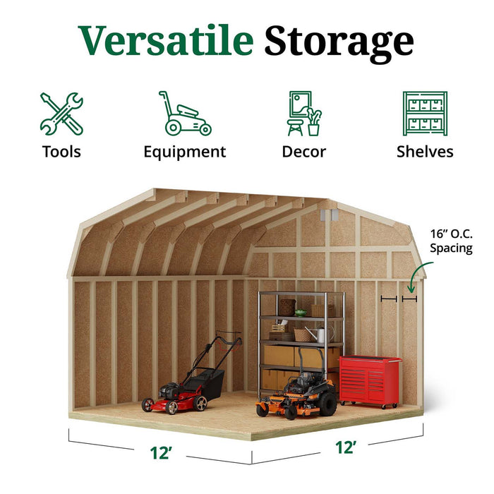 Interior view of Little Cottage Co. Classic Gambrel 6′ Sidewall Barn showing 16″ O.C. stud spacing, shelves, mower storage, and organized tool setup.