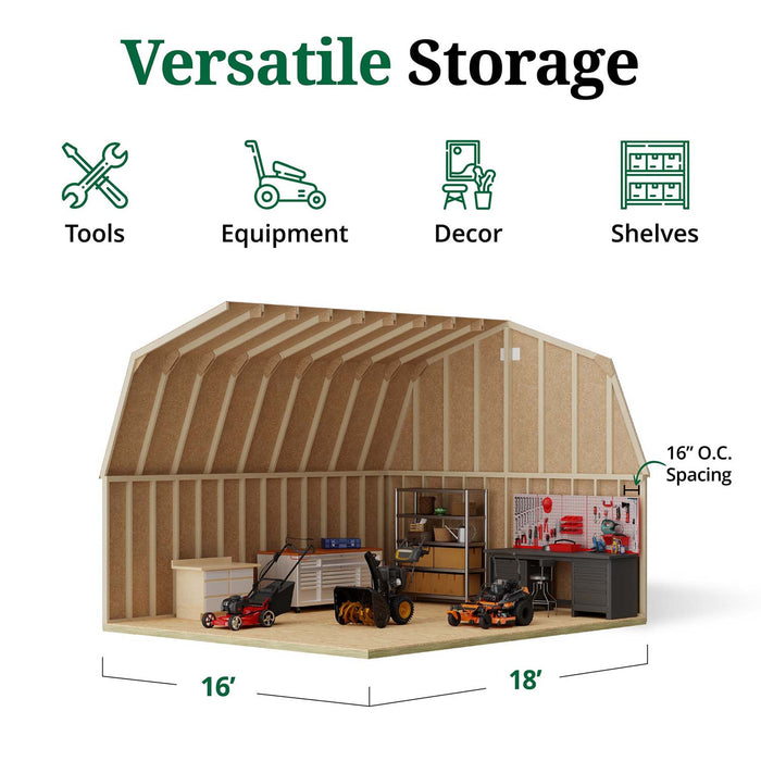 Interior view of Little Cottage Co. Classic Gambrel Large Barn 16x18 showing 16″ O.C. stud spacing, shelves, workbench, and storage for mowers, tools, and garden equipment.