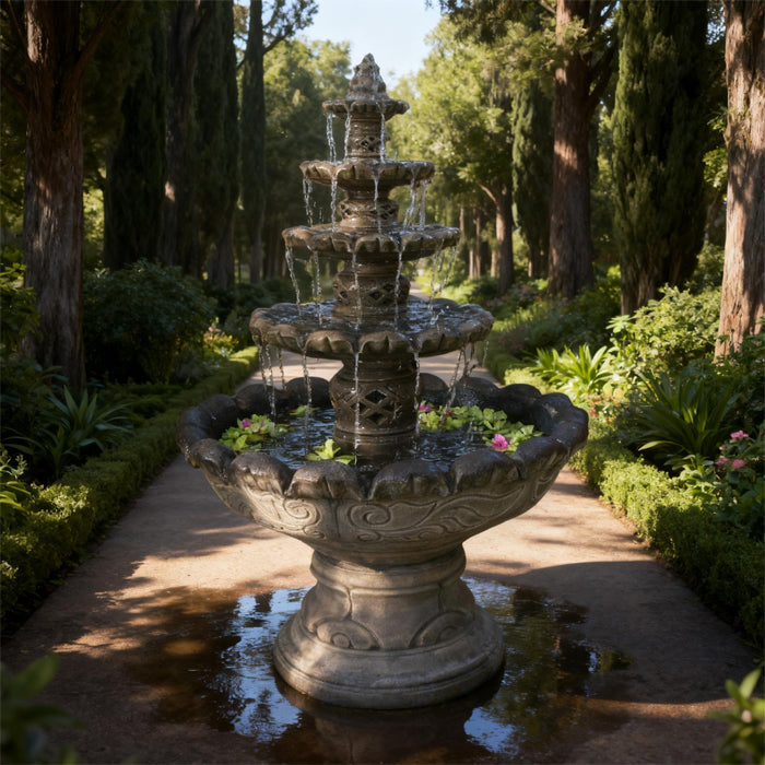Classic Monaco multi tier garden water fountain centered in a formal courtyard with trimmed hedges and flowing water details