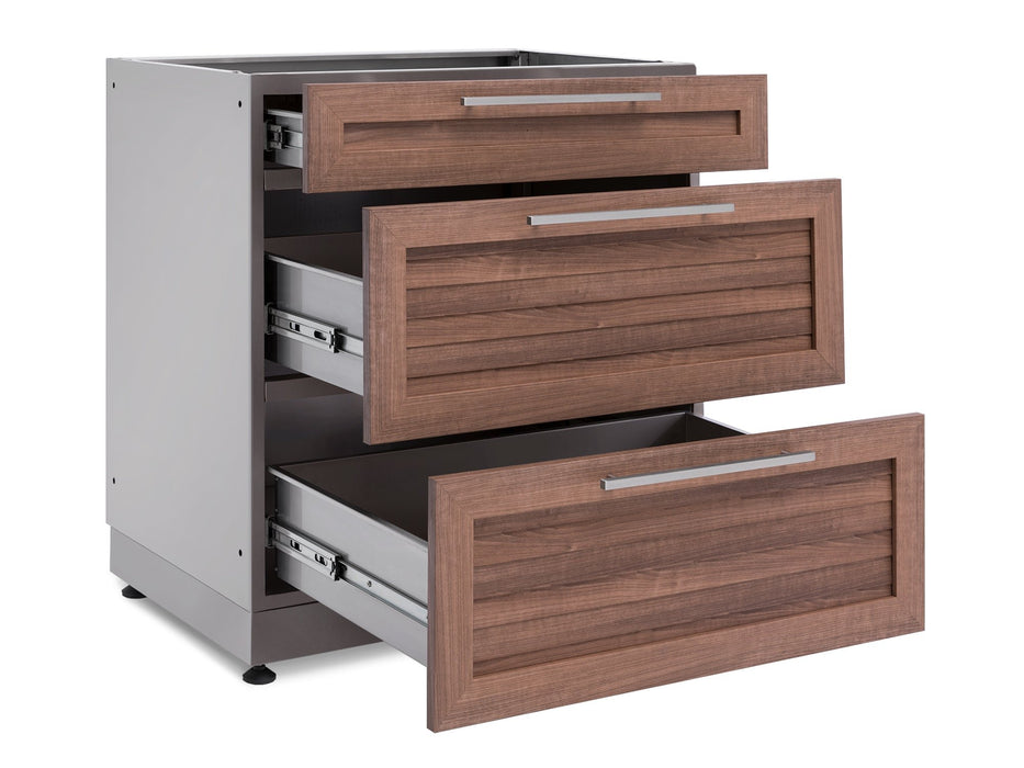 NewAge Classic 3-Drawer Cabinet with all three drawers fully extended on soft-close, full-extension stainless steel slides.