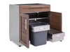 NewAge Classic 32 in. Bar Cabinet with doors open showing the dual pull-out waste/recycling bins and an extended stainless steel beverage drawer.
