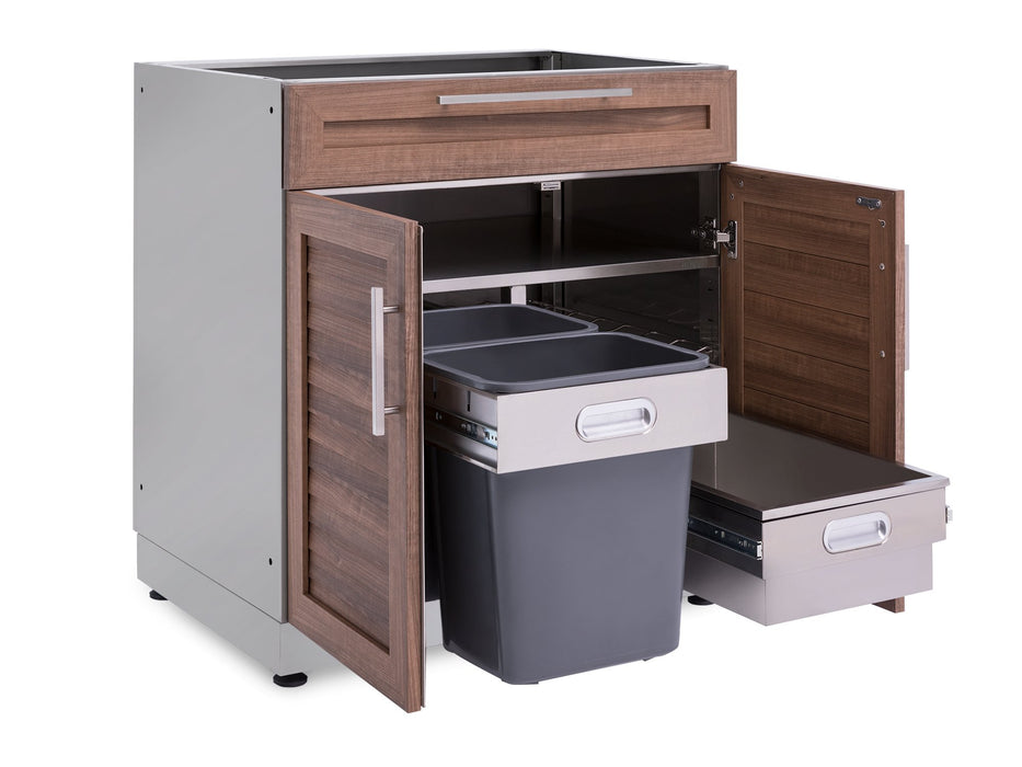 NewAge Classic 32 in. Bar Cabinet with doors open showing the dual pull-out waste/recycling bins and an extended stainless steel beverage drawer.