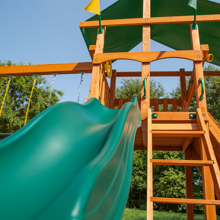 A close up of the slide of the Outdoor Monkey Bars Swing Set