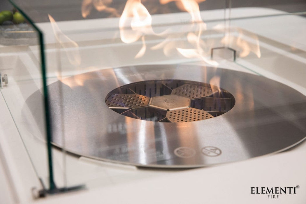 Close-up of the stainless steel burner with flames on the Elementi Perth Ethanol Fire Table