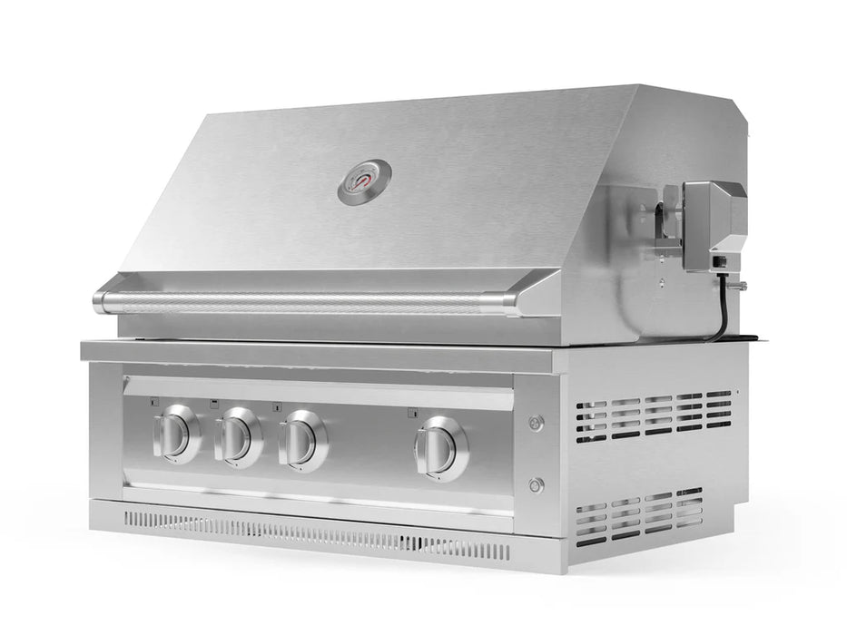 Closed lid view of the NewAge Outdoor Kitchen Platinum Grill 33-inch model, stainless steel finish with control knobs and thermometer for outdoor cooking.