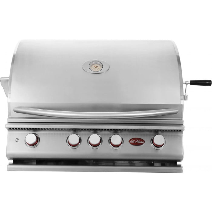 Cal Flame 4 ft stainless steel grill closed in white background