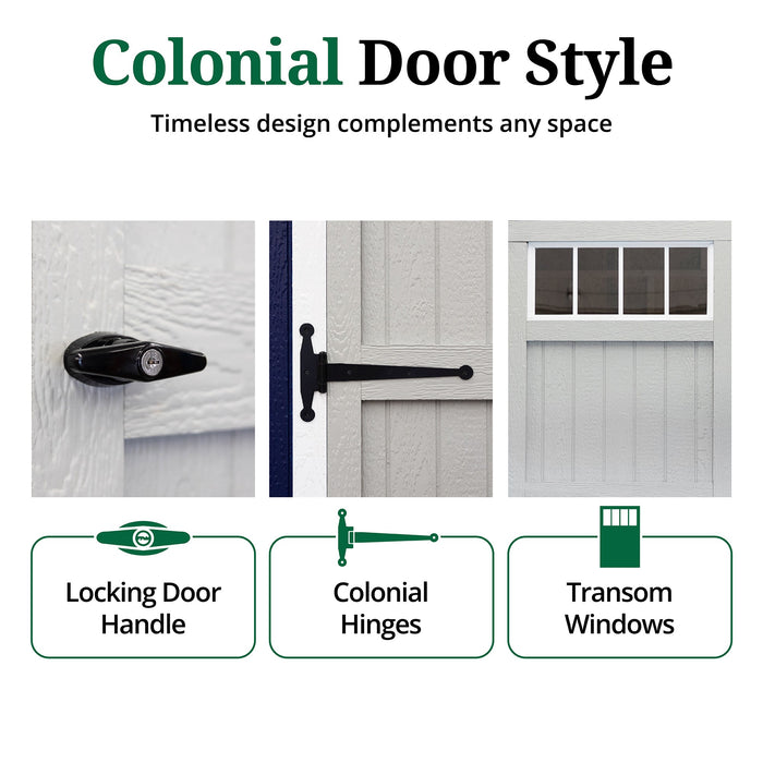 Colonial-style shed door from the Little Cottage Kits Colonial Series with locking handle, black decorative hinges, and transom windows for a timeless appearance.