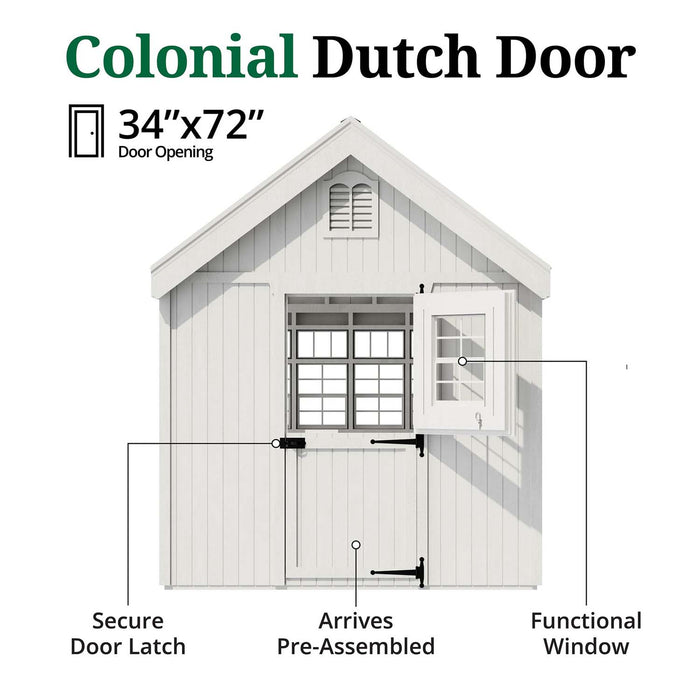 White Colonial Dutch Door with functional window, secure latch, and pre-assembled design for Little Cottage Co. greenhouse.