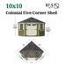 Front and top view of the Little Cottage Co. Colonial Five-Corner Shed showing measurements and layout dimensions.