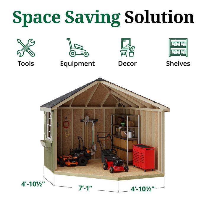 Cutaway view of the Little Cottage Co. Colonial Five-Corner Shed interior showing tools, lawn equipment, shelves, and open wood framing.