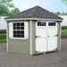Side view of the Little Cottage Co. Colonial Five-Corner Shed showing the white window and double doors.