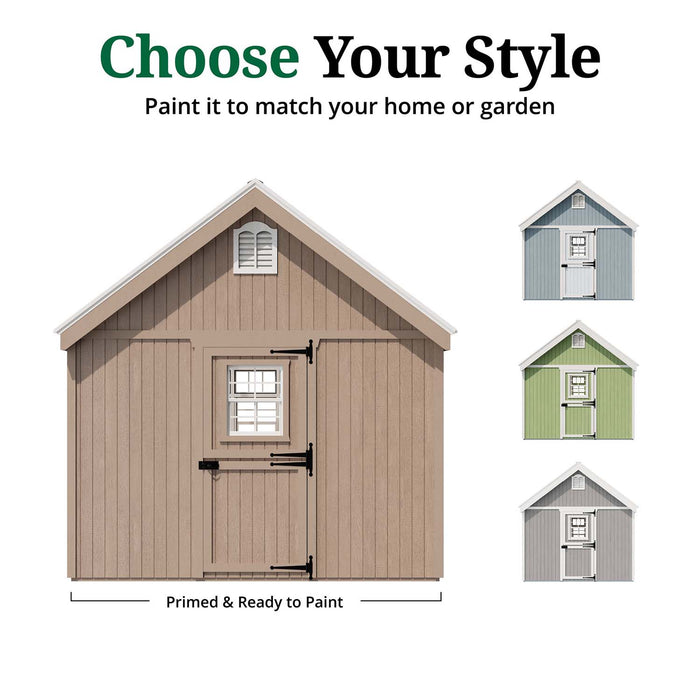 Choose your style options for the Little Cottage Co. Colonial Gable Greenhouse, shown in neutral, blue, and green paint-ready finishes.