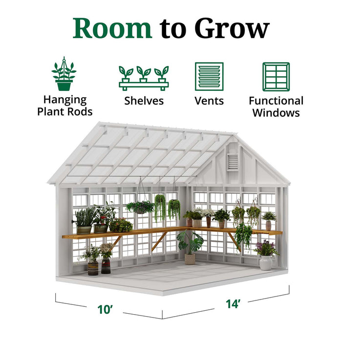 Interior of Little Cottage Co. Colonial Gable Greenhouse showcasing hanging plant rods, wood shelves, vents, and large functional windows.
