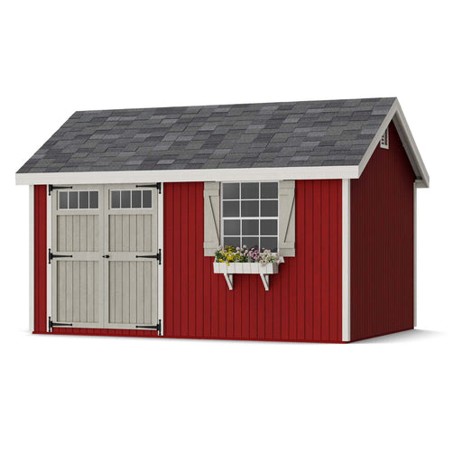 Charming 10x14 red Colonial Pinehurst Shed with shuttered window, gray shingles, and matching flower box.
