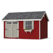 Charming 10x14 red Colonial Pinehurst Shed with shuttered window, gray shingles, and matching flower box.