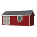 Large 10x20 Colonial Pinehurst Shed with red siding, gray roof, and decorative window planter by Little Cottage Co.