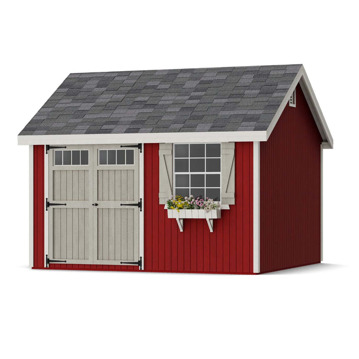 12x12 red Colonial Pinehurst Shed by Little Cottage Co. with gray trim, double doors, and a window flower box.