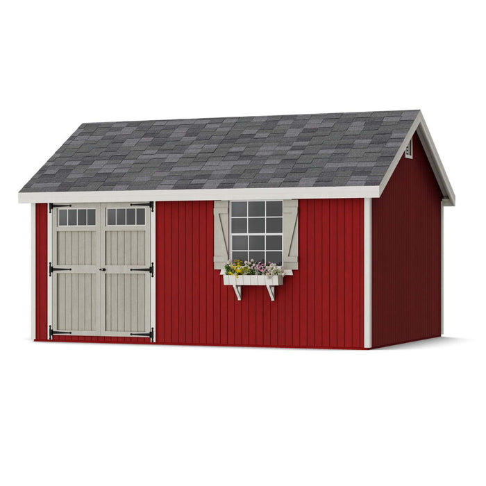 12x16 Colonial Pinehurst Shed in red with light gray doors and decorative flower box, ideal for backyard storage.