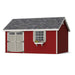 12x16 Colonial Pinehurst Shed in red with light gray doors and decorative flower box, ideal for backyard storage.