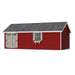 12x24 red Colonial Pinehurst Shed by Little Cottage Co. featuring wide gray double doors, shingle roof, and decorative window box.