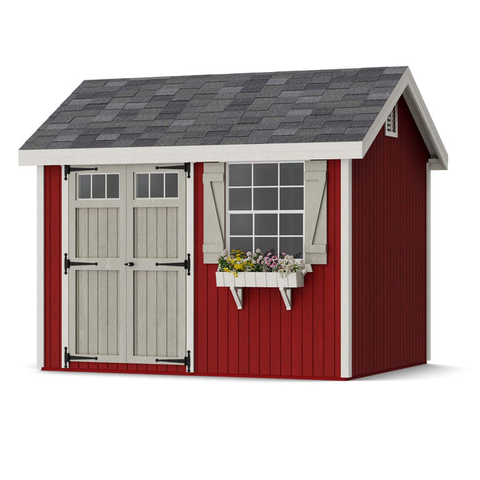 8x10 Little Cottage Co. Colonial Pinehurst Shed in red with gray double doors and a white-trimmed window featuring a flower box.