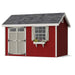 Medium 8x12 Colonial Pinehurst Shed from Little Cottage Co. showcasing red siding, gray roof, and decorative window planter.