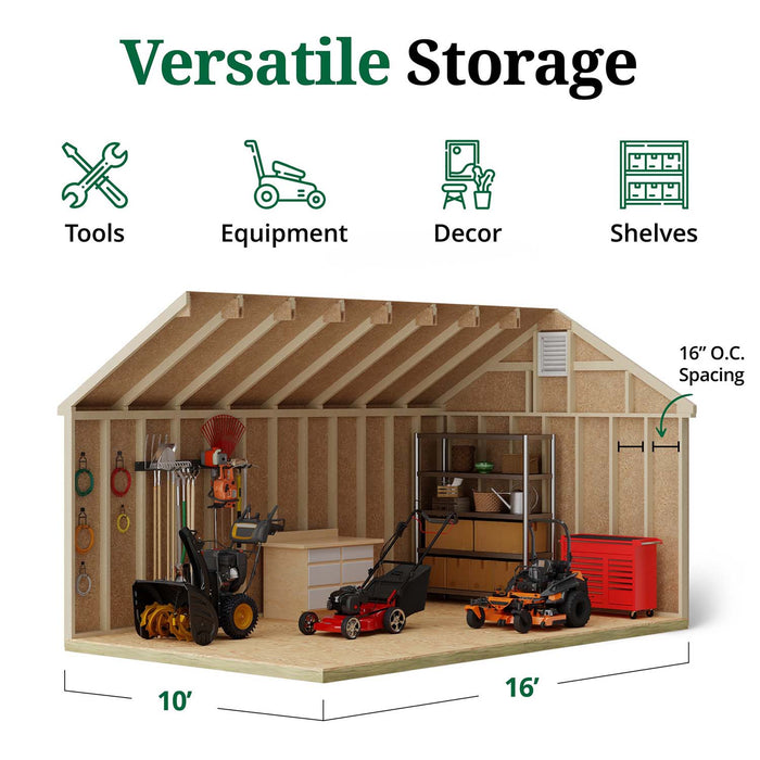 Cutaway view of the Little Cottage Co. Colonial Pinehurst Shed interior showing tools, lawn equipment, and shelving inside a wooden framed structure.