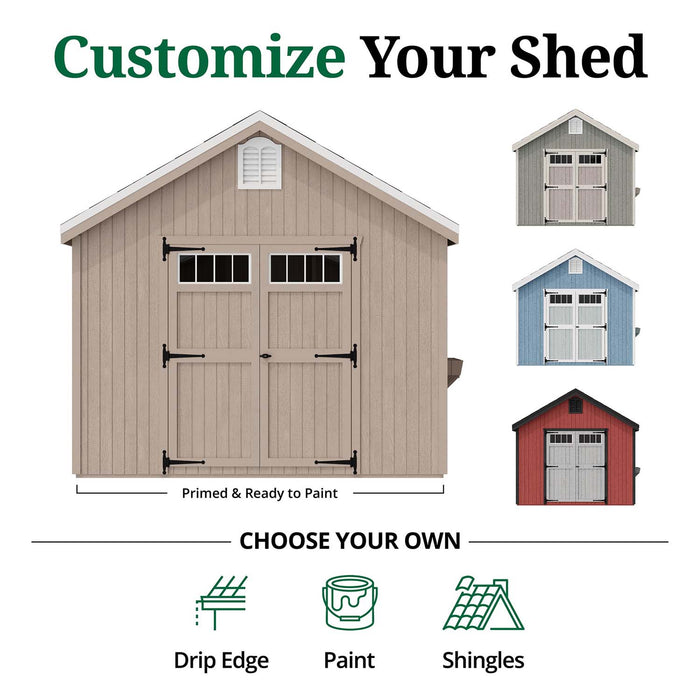 Customization guide for the Colonial Williamsburg Shed by Little Cottage Co., showing paint, drip edge, and shingle options in multiple color examples.