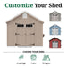 Customization guide for the Colonial Williamsburg Shed by Little Cottage Co., showing paint, drip edge, and shingle options in multiple color examples.