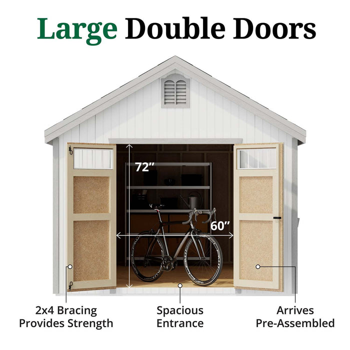 Front view of the Colonial Williamsburg Shed by Little Cottage Co. showing 72" x 60" double doors with 2x4 bracing and pre-assembled panels for easy entry.