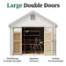 Front view of the Colonial Williamsburg Shed by Little Cottage Co. showing 72" x 60" double doors with 2x4 bracing and pre-assembled panels for easy entry.