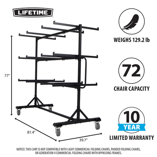 Commercial folding chair cart by Lifetime with 72 chair capacity, 10 year limited warranty and heavy duty rolling base