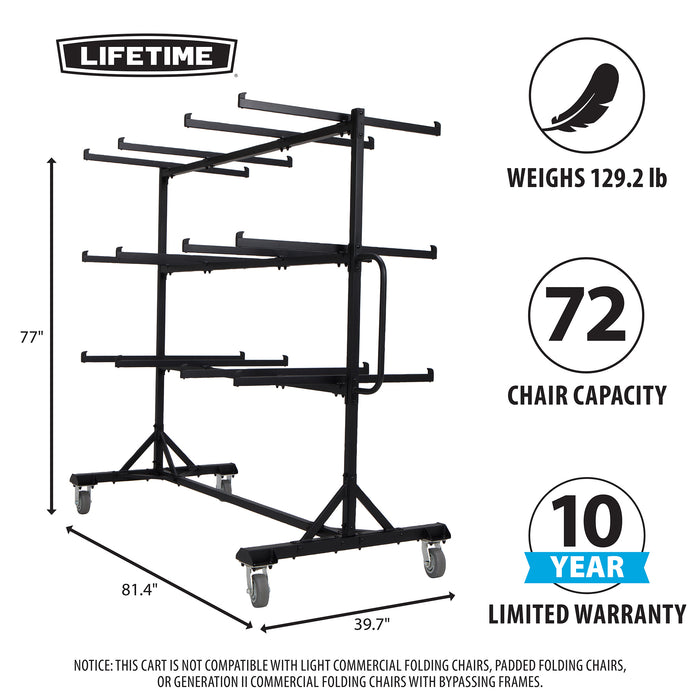 Commercial folding chair cart by Lifetime with 72 chair capacity, 10 year limited warranty and heavy duty rolling base