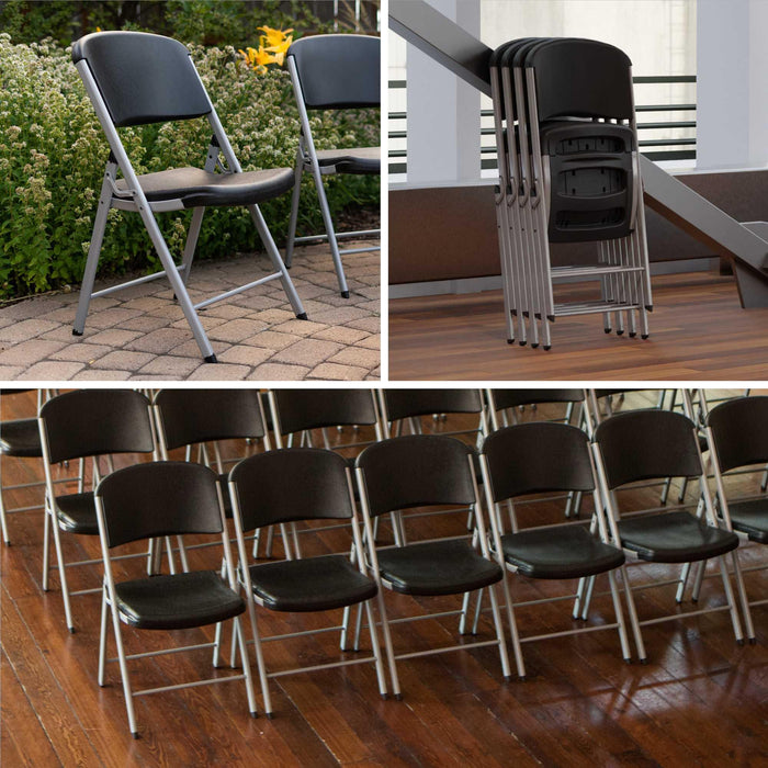 Black Lifetime Classic Commercial Folding Chair shown indoors and outdoors, featuring durable steel frame and stackable space saving design