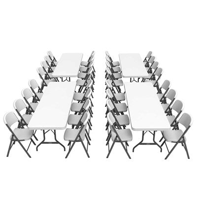 Commercial layout of Lifetime folding chairs and tables in conference style arrangement, durable white seating for large events