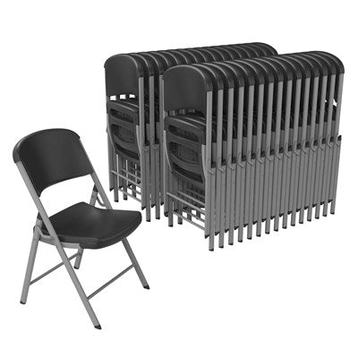 Stacked Lifetime commercial folding chairs in bulk with compact nesting design for efficient storage and large event seating solutions