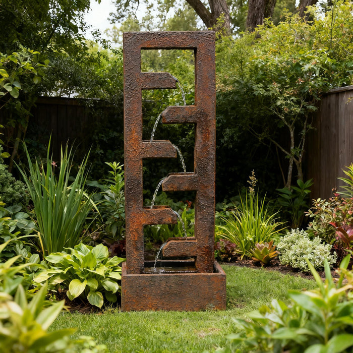Contemporary rustic cascade water feature with stacked spillways, surrounded by vibrant garden plants and manicured lawn