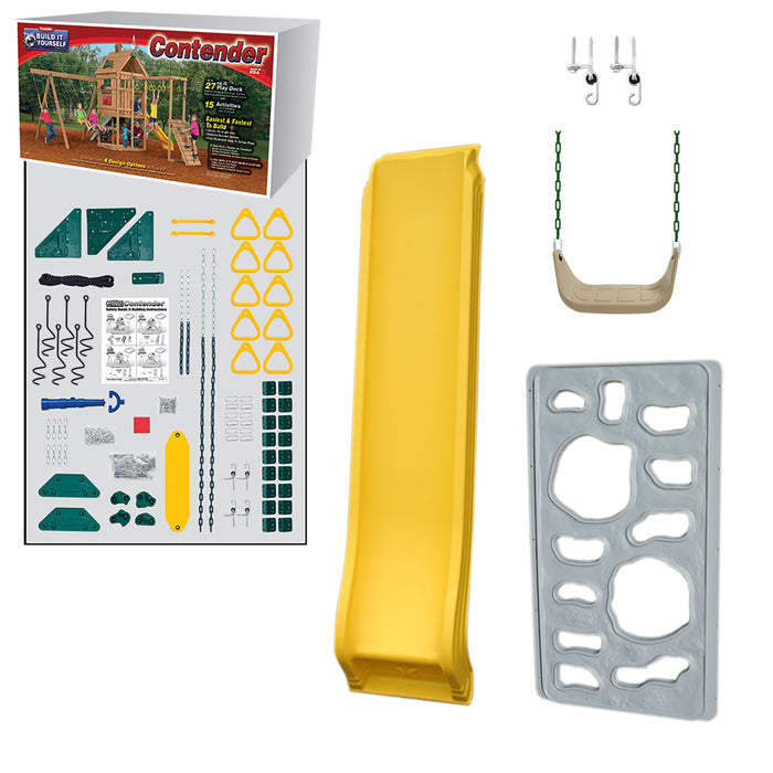 Playstar Contender Starter Build-It-Yourself playset kit featuring boxed components, yellow slide, gray climbing wall, and swing accessories for backyard fun.