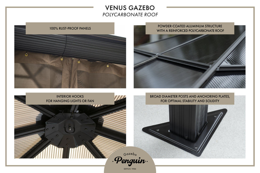  An infographic highlighting features of the Venus Gazebo, including rust-proof panels, interior hooks, powder-coated aluminum structure, and anchoring plates for stability.