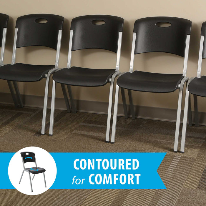 Row of Lifetime stacking chairs with contoured seat and back for comfort, durable steel legs and modern black finish for waiting rooms