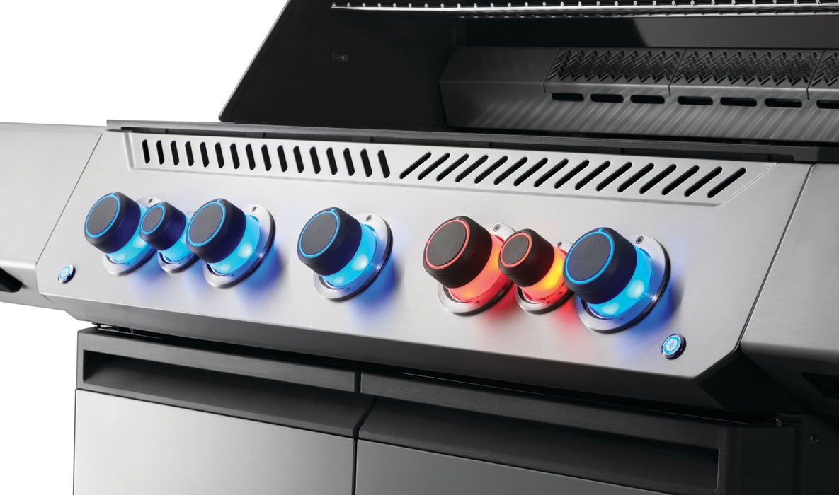 Close-up of Napoleon Grills Prestige® 665 RSIB control knobs with red and blue LED lighting