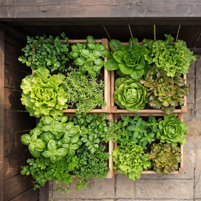 Overhead view of the Tiered Raised Garden Bed Corner Kit, cedar boxes packed with basil, parsley, thyme and green and red leaf lettuce