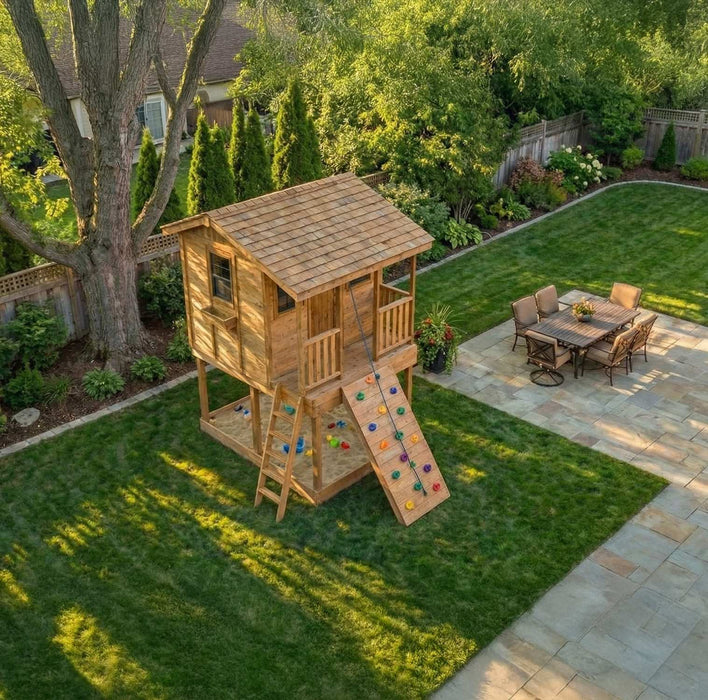 Aerial view of the Cozy Cabin Playhouse Kit 7x9 with rock climbing wall, sandbox, and ladder in a backyard setting