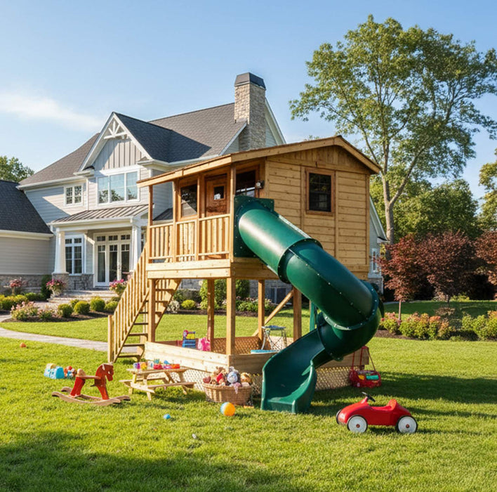 Outdoor Living Today Cozy Cabin Playhouse Kit with green tube slide installed in a front yard near a large home