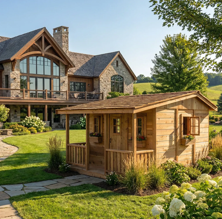 Single-story Outdoor Living Today Cozy Cabin Playhouse positioned on the lawn in front of a stone estate home with covered terrace