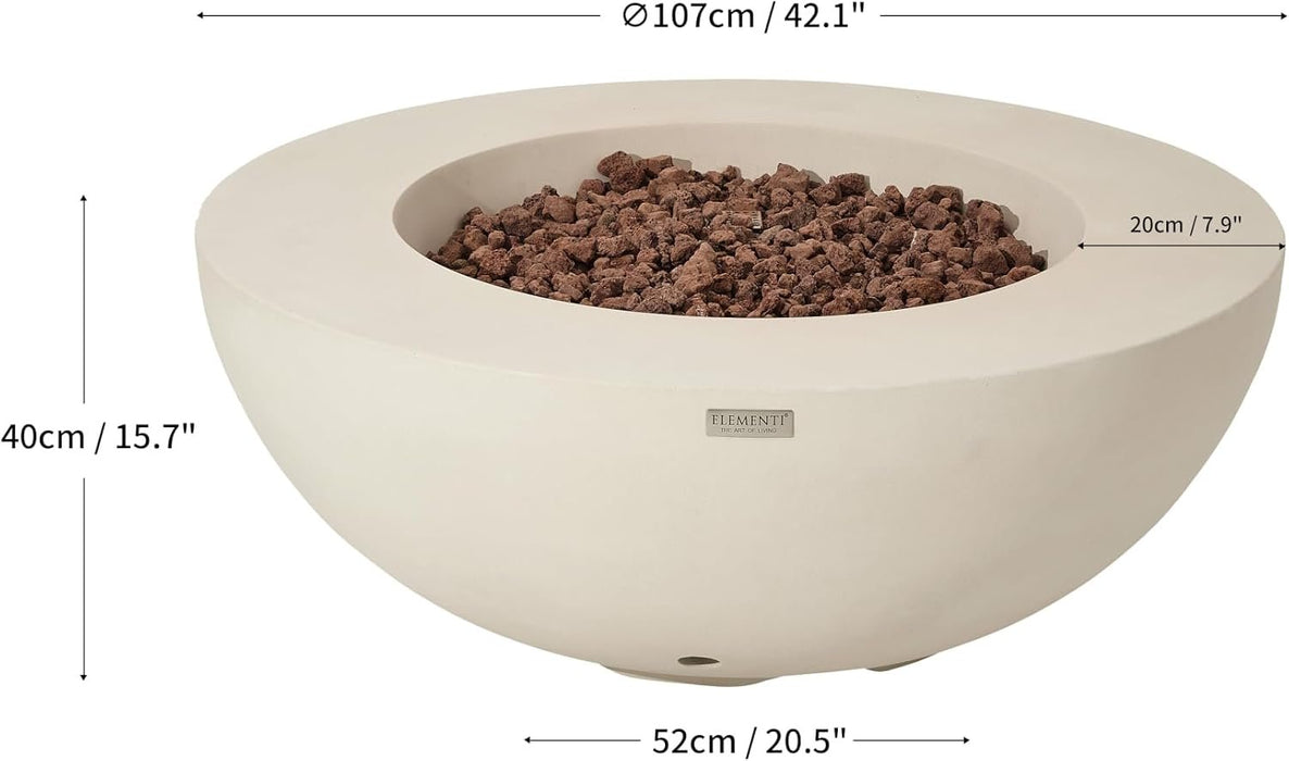 Front-facing studio shot of a round cream white cast concrete fire pit table measuring 42.1 inches in diameter and 15.7 inches tall, with a 20.5-inch base and a 7.9-inch-deep lava rock bowl, shown against a plain white background with dimension callouts.