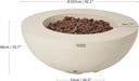 Front-facing studio shot of a round cream white cast concrete fire pit table measuring 42.1 inches in diameter and 15.7 inches tall, with a 20.5-inch base and a 7.9-inch-deep lava rock bowl, shown against a plain white background with dimension callouts.